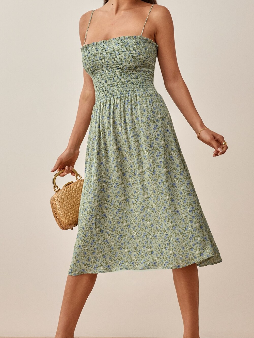 Reformation Green Floral Smocked Midi Dress